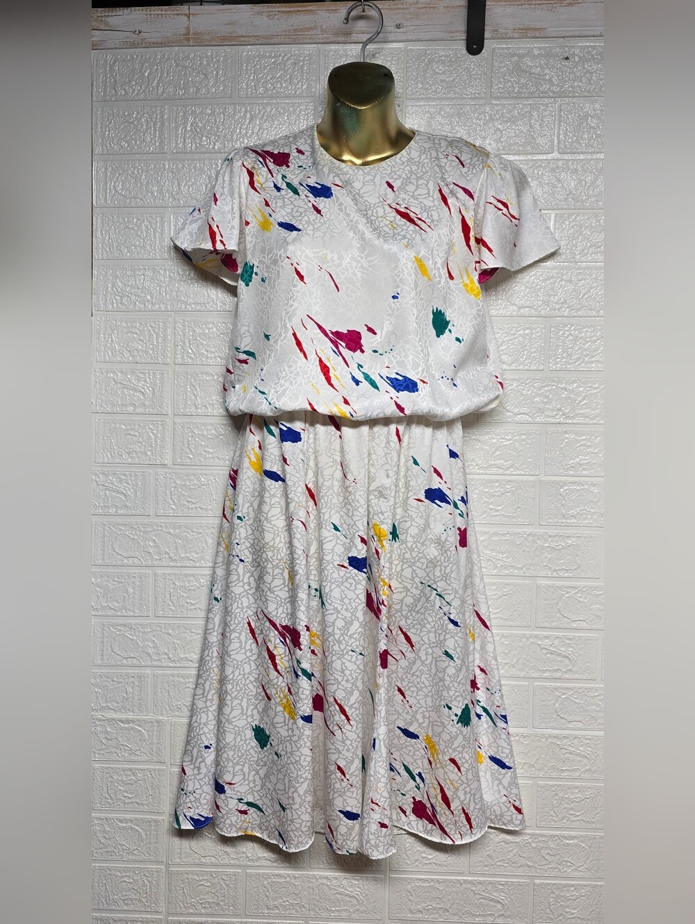 1980's White Midi Dress with Colorful Paint-Splatter Print,Sz 6P - Picture 1 of 8
